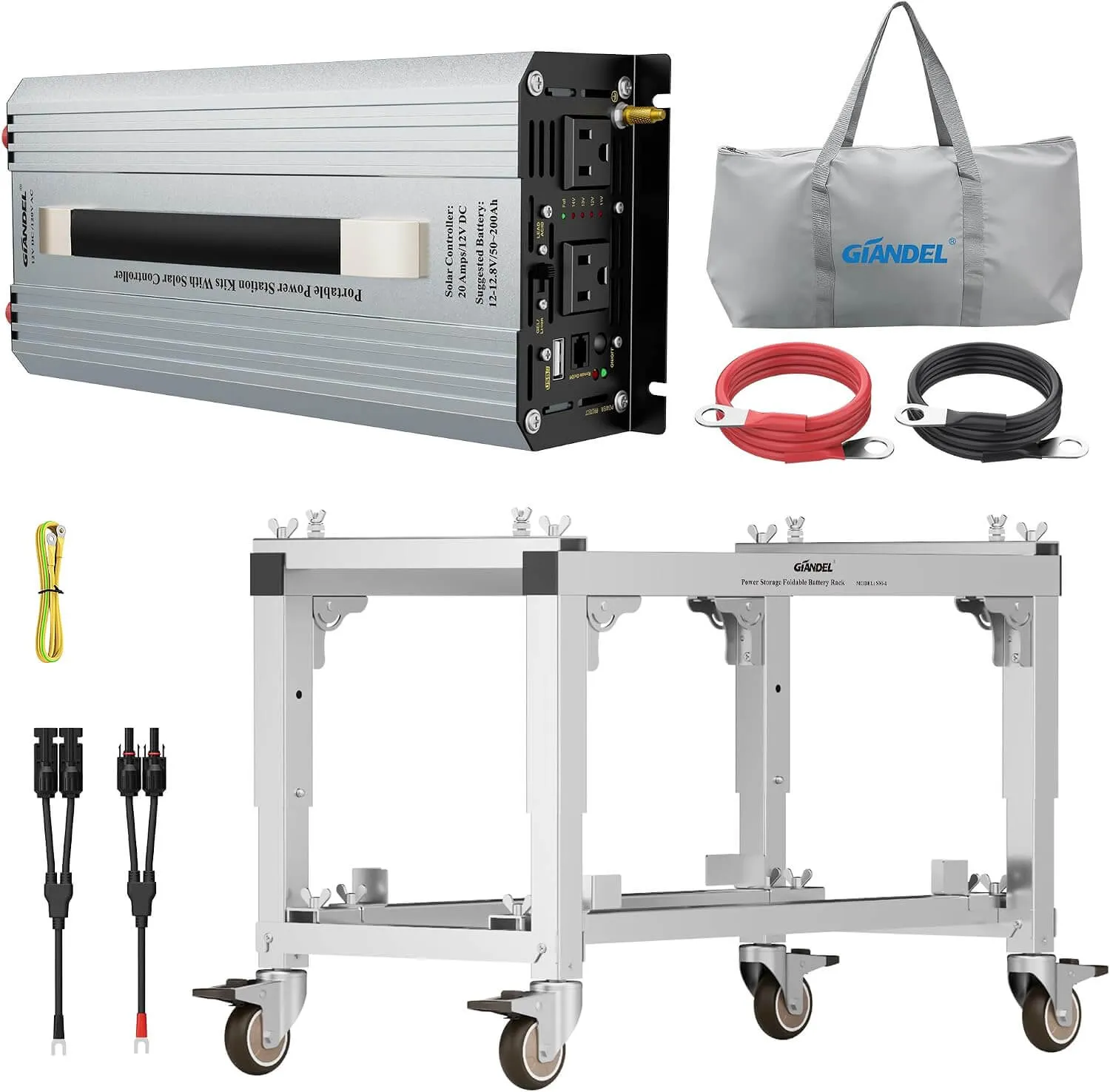 All-in-One DIY Portable Power Station Kit Includes 1200 Watt Solar Inverter with 20A PWM Solar Charge Controller,Battery Storage Rack