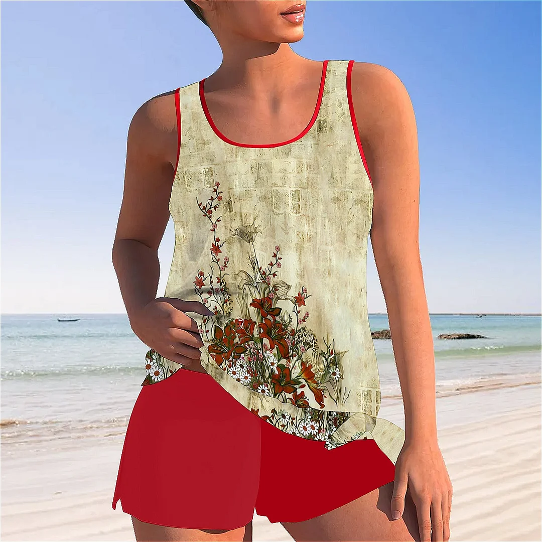 Bowknot Floral,Red,Beige,Gray Mid Waisted Tankini Set - Plus Size Available