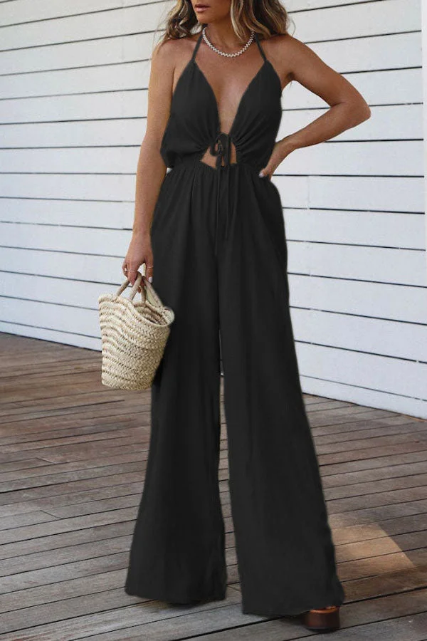 Holiday Casual Halter Neck Tie Jumpsuit