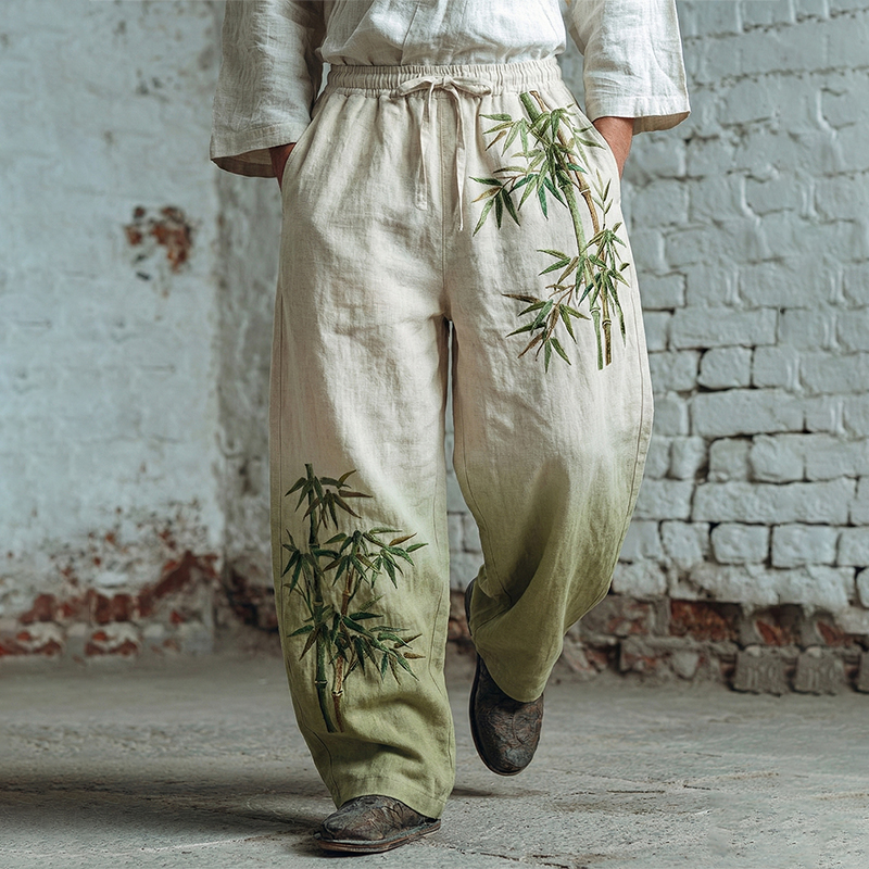 Men's Japanese Bamboo Art Pattern Linen Blend Casual Pants  artssus