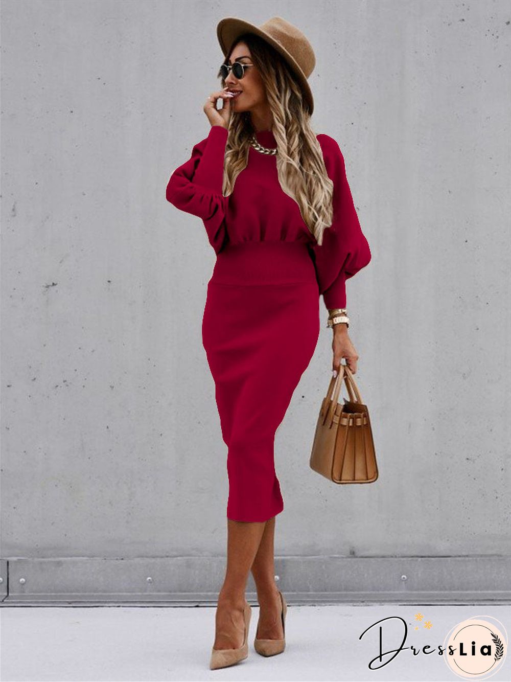 Long Sleeve Bodycon Solid Color Midi Dress