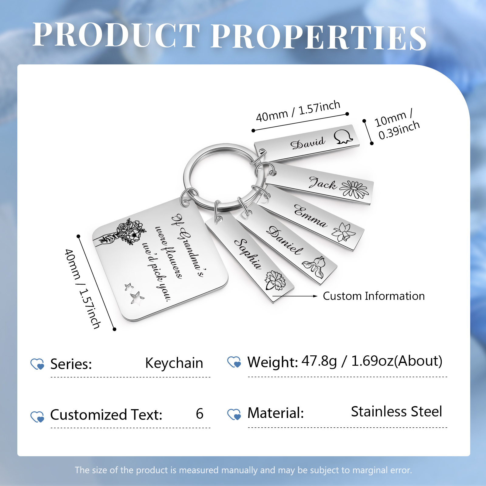 Personalised 5 Names & 5 Birth Flowers Keychain Custom Text Family Keychain Gifts for Mother/Grandma-Jessemade AU