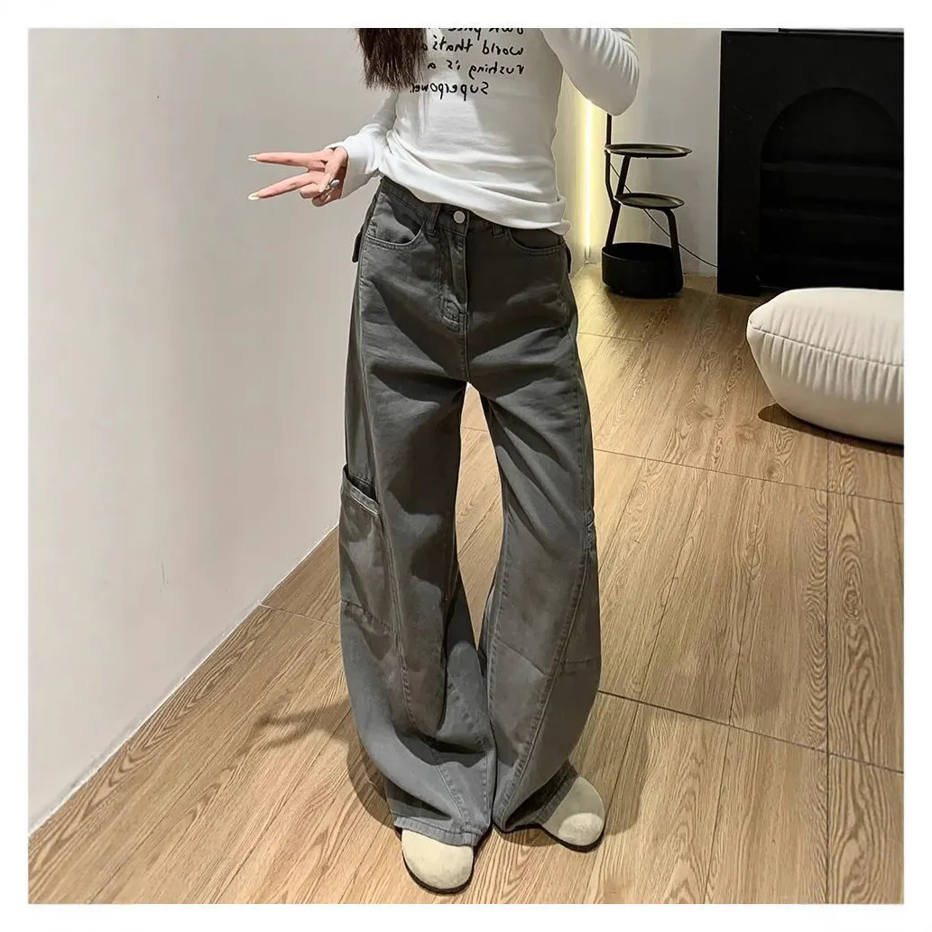 Women's Dark Grey Washed Oversized Side Patch Pocket Baggy Cargo Wide Leg Denim Trousers