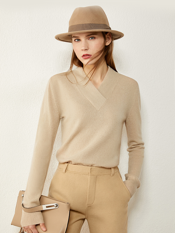 Breathable Solid Color V Neck Wool-Cashmere Blend Shirt-Real Silk Life