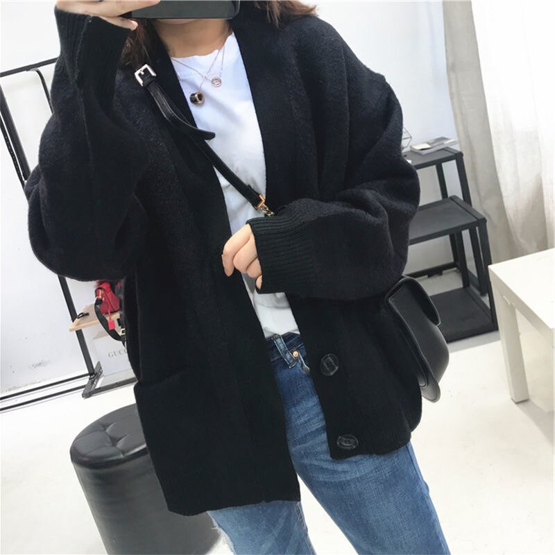 Women Casual Loose Solid Button Pocket Knit Cardigans