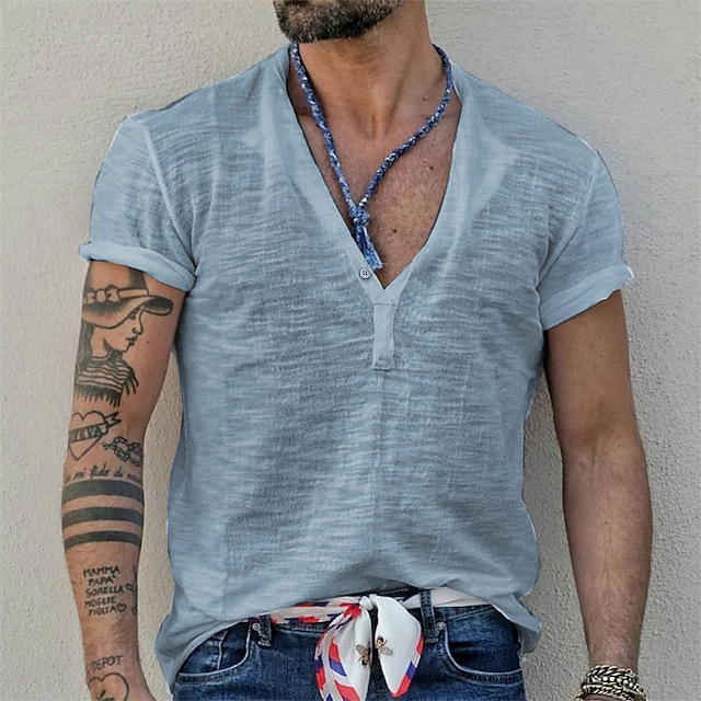 Men's Henley Casual T-shirt Short Sleeve Summer Top