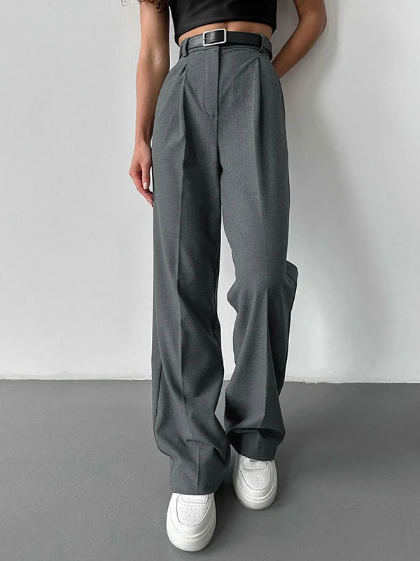 High Waisted Loose No Belt Solid Color Suit Pants Trousers