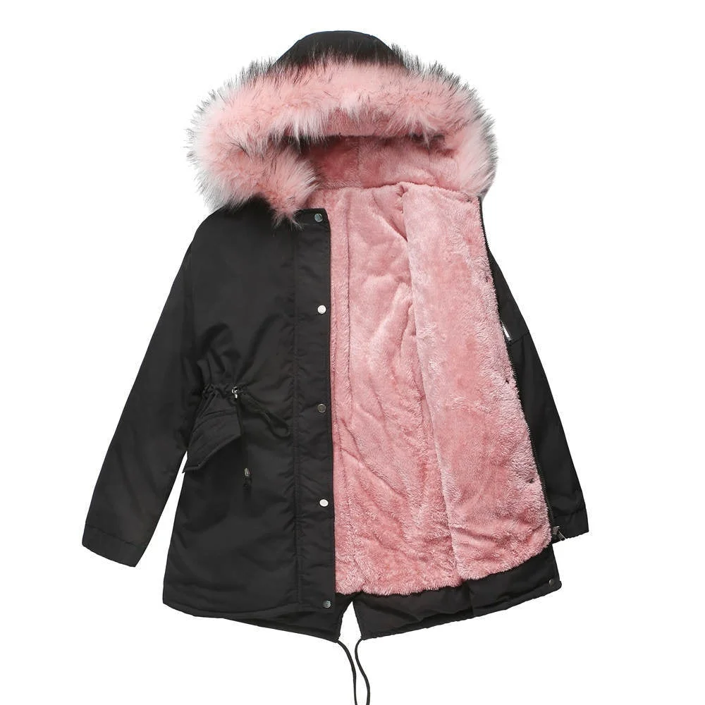 Women's Mid-length Hooded Fur Collar Warm And Fleece Coat