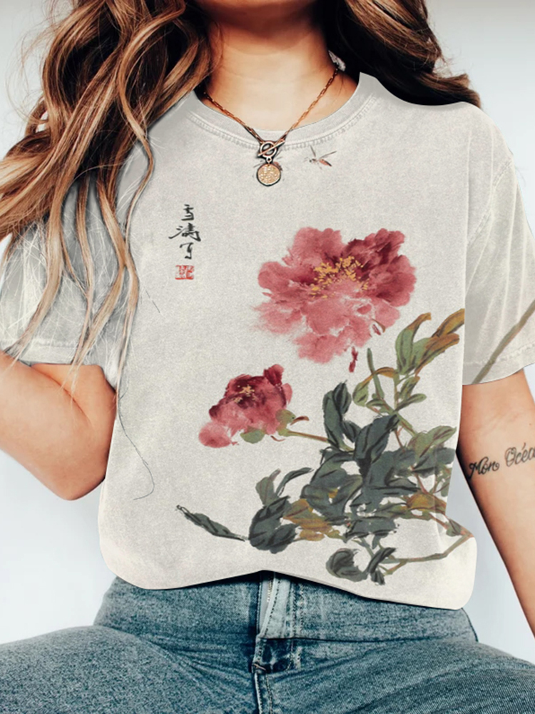 Comstylish Vintage Japanese Ink Flower Calligraphy Art Print Cotton T-Shirt