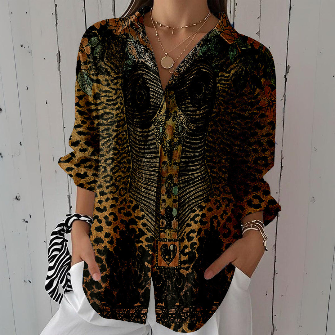 Women Long Sleeve V-neck Graphic Floral Printed Top