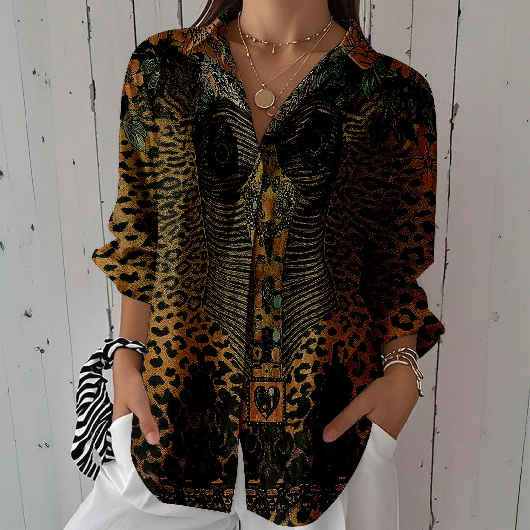 Style & Comfort for Mature Women Women Bohemian, Black, Brown DZCL0471 3/4 Sleeve Shirt Collar Printed Button Tops