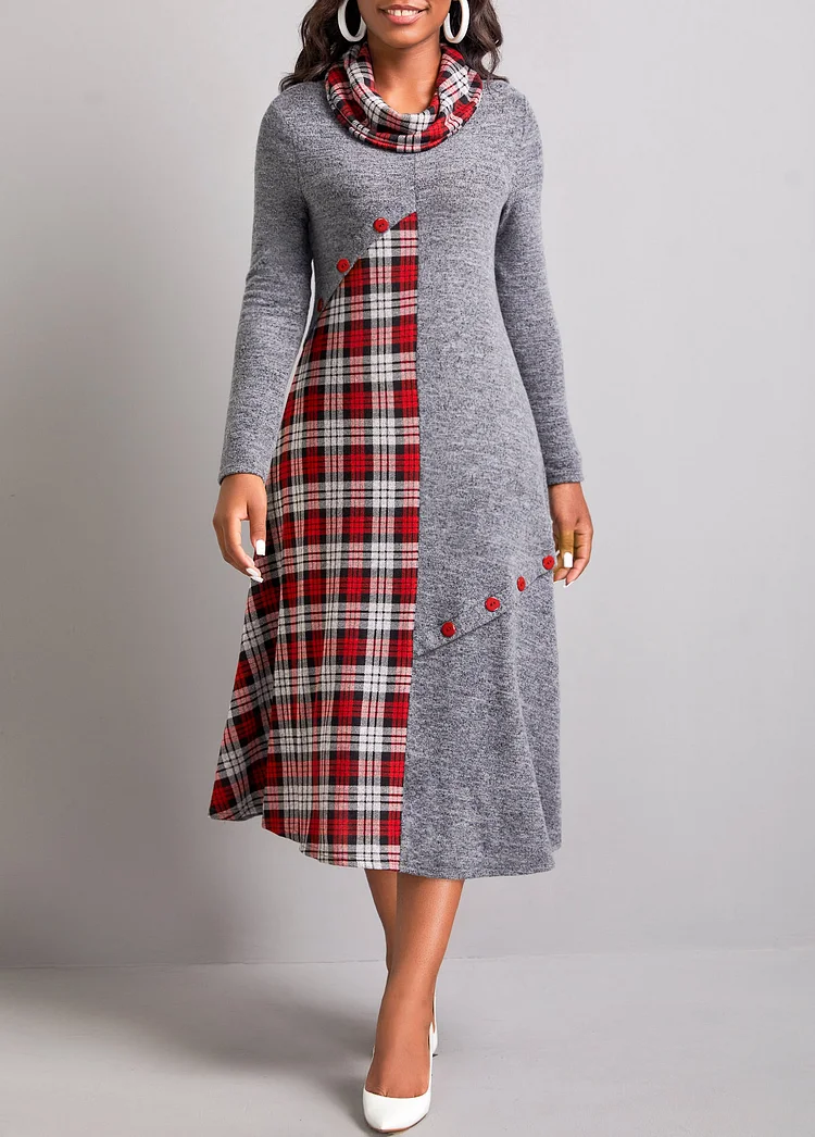 Button Check Print Dark Grey Dress