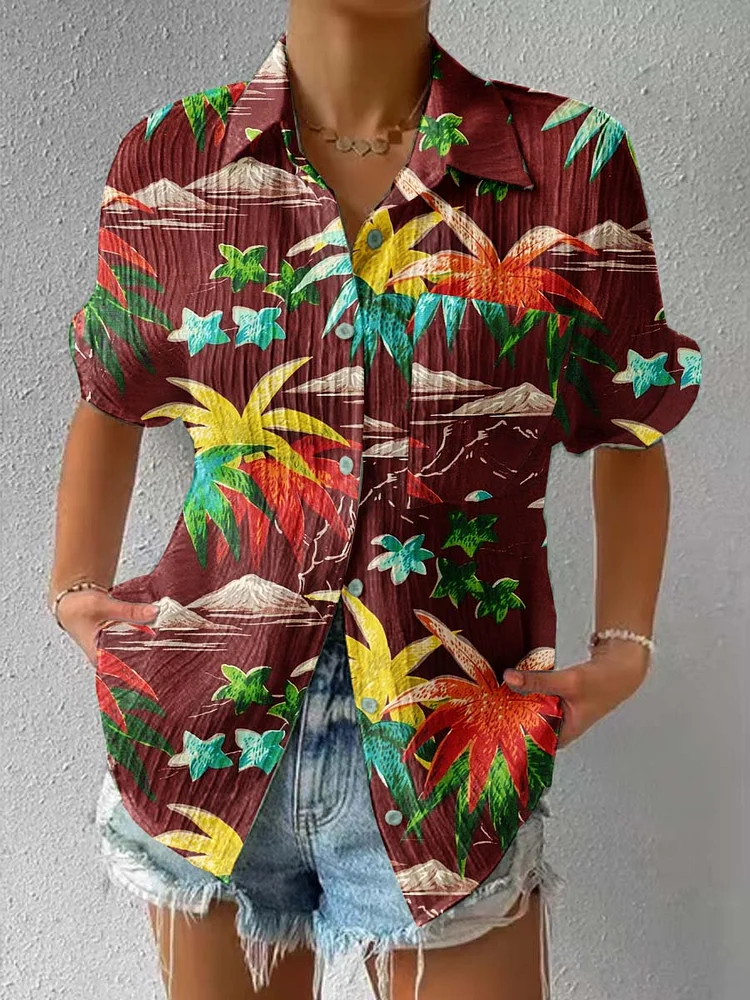 Womens Hawaiian Pattern Short Sleeve Textured Shirt