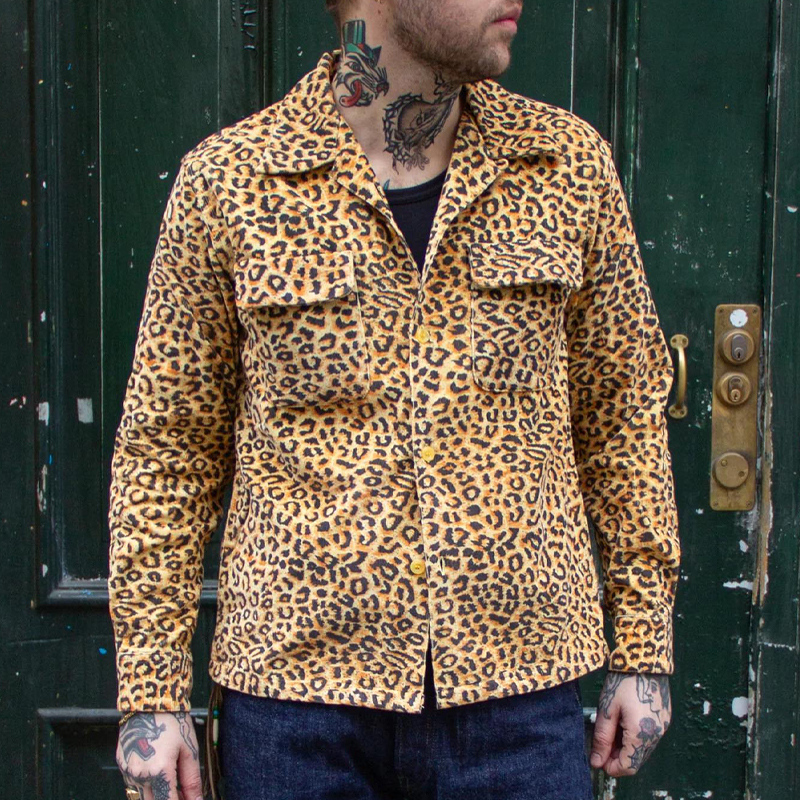 Men's Vintage Leopard Corduroy Long Sleeve Shirt