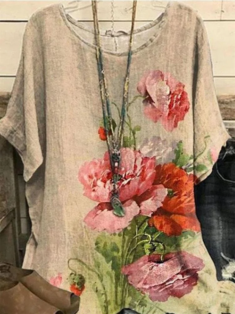 Casual Loose Round Neck Floral Print Long-sleeved Blouse