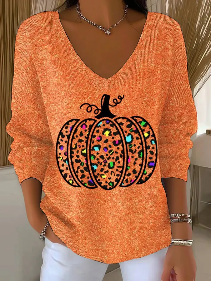 Women's Autumn Pumpkin Print Drop Shoulder Sweater 