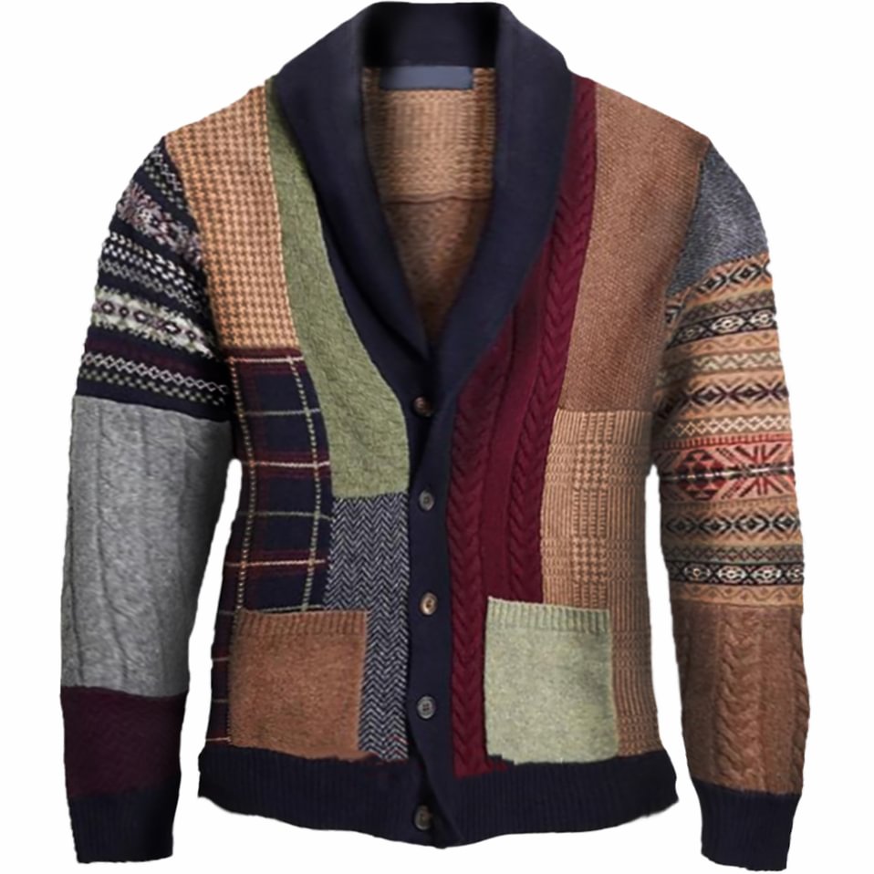 Men Vintage Ethnic Color Block Patchwork Thick Warm Keep Long Sleeve Knitted Cardigan