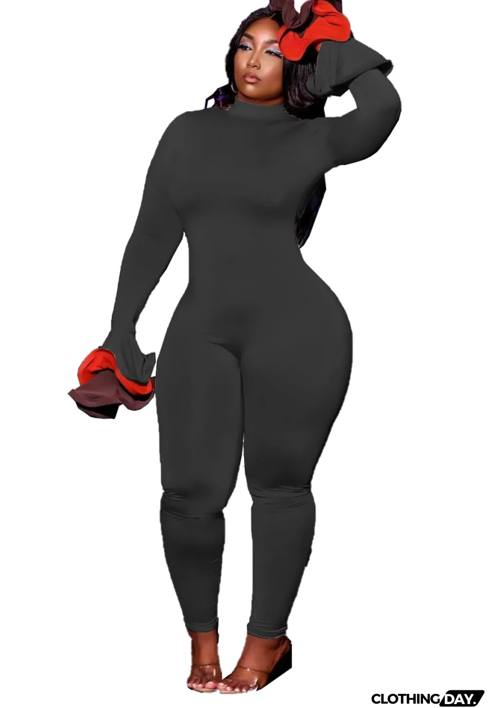 Women Spring Black Long Sleeves Basic Jumpsuit