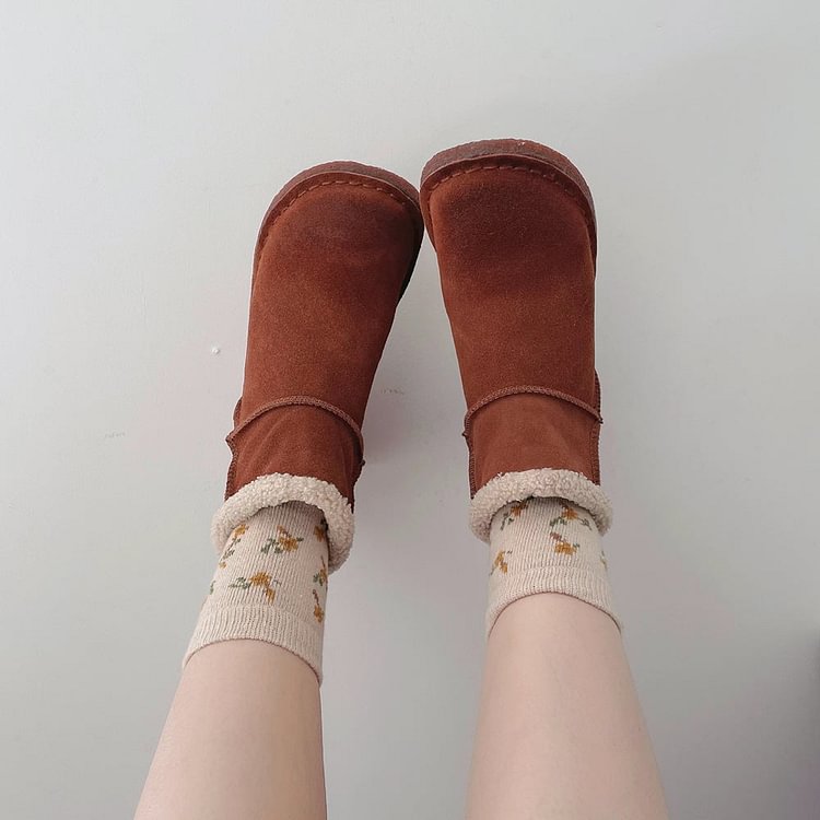 Fairy Tales Aesthetic Cottagecore Fashion Cowhide Leather Fleece Lined Boots QueenFunky