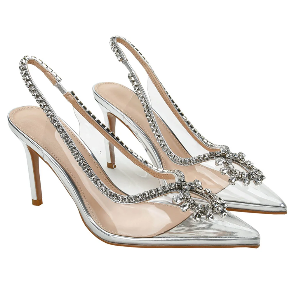 85mm Women's Stiletto Heel Sling Back Pumps Pointed Toe Diamond High Heels Sandals Summer Banquet Daily Wedding Shoes-MERUMOTE