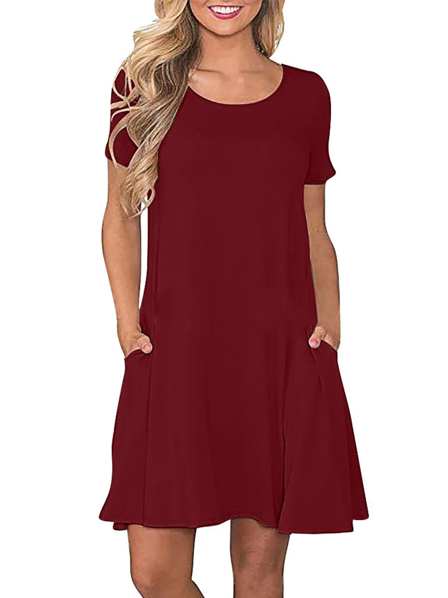 Casual Cotton Dress with Pockets Crew Neck Solid ColorsDresses for Formal