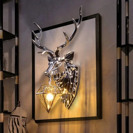 Modern Luxury Resin Deer Head Wall Lamp Retro Antler Home Decor Kitchen Wall Light Dining Room Bedroom Wall Sconce Light Fixture
