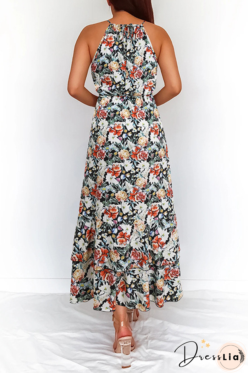 Elegant Floral Split Joint Halter Waist Skirt Dresses