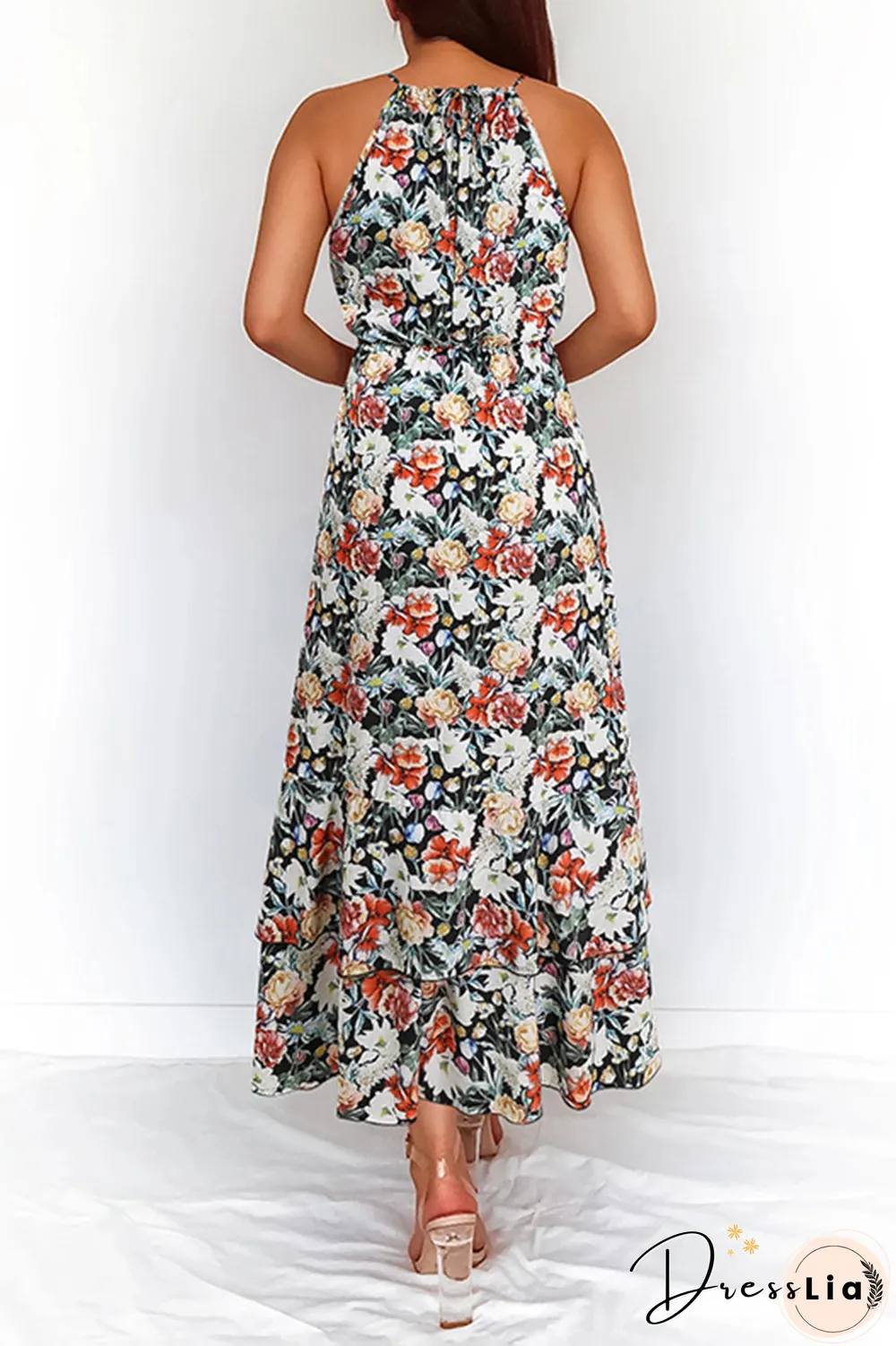 Elegant Floral Split Joint Halter Waist Skirt Dresses