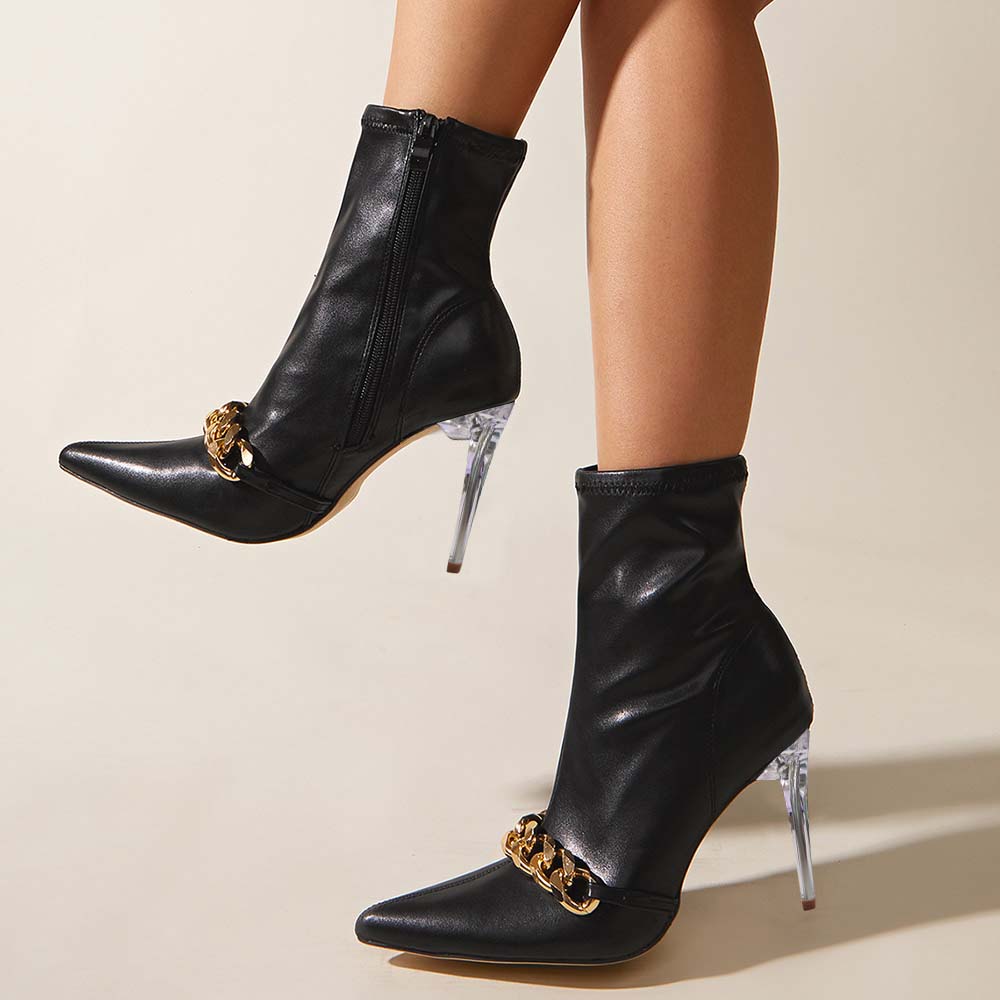 Stylish Black Pointed Toe Clear Stiletto Heel Ankle Boots with Chain Nicepairs