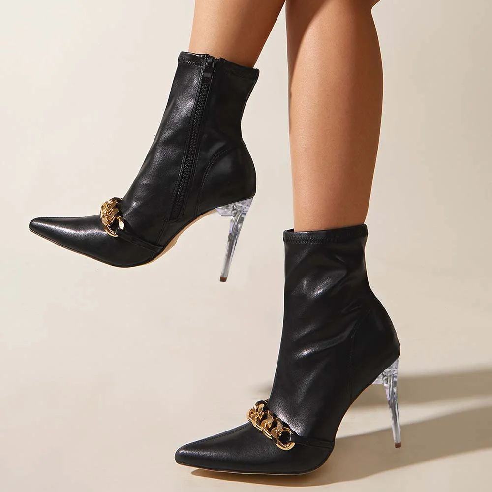 Black  Ankle Boots Gold Chain Stiletto Booties Nicepairs