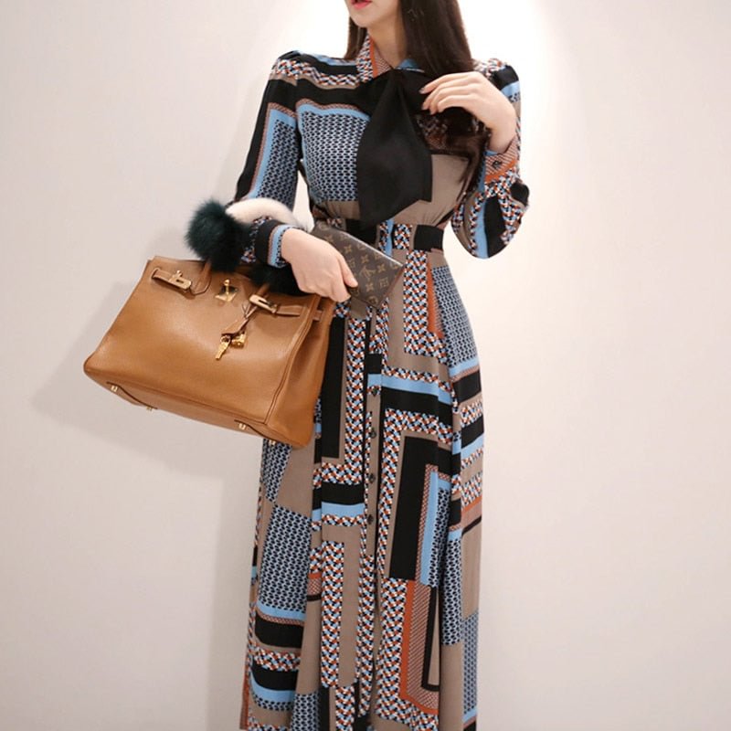 Vintage Print Long Dress Women Elegant Single-breasted A-line Female Dresses Slim Waist Swing Ankle-length Vestidos femme 2021