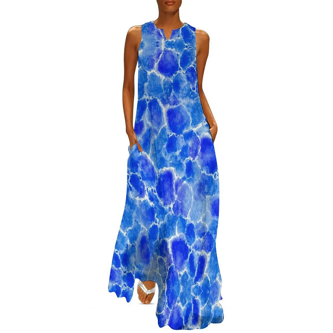 Style & Comfort for Mature Women Plus Size Printed Sleeveless Casual Women Maxi Dress with Pockets in Pattern Blue, Abstract, Wave