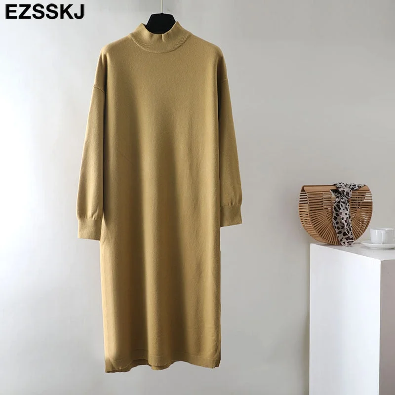 2021 Autumn Winter oversize loose  long thick Sweater Dress Women long Sleeve straight maix Dress female warm long knit dress