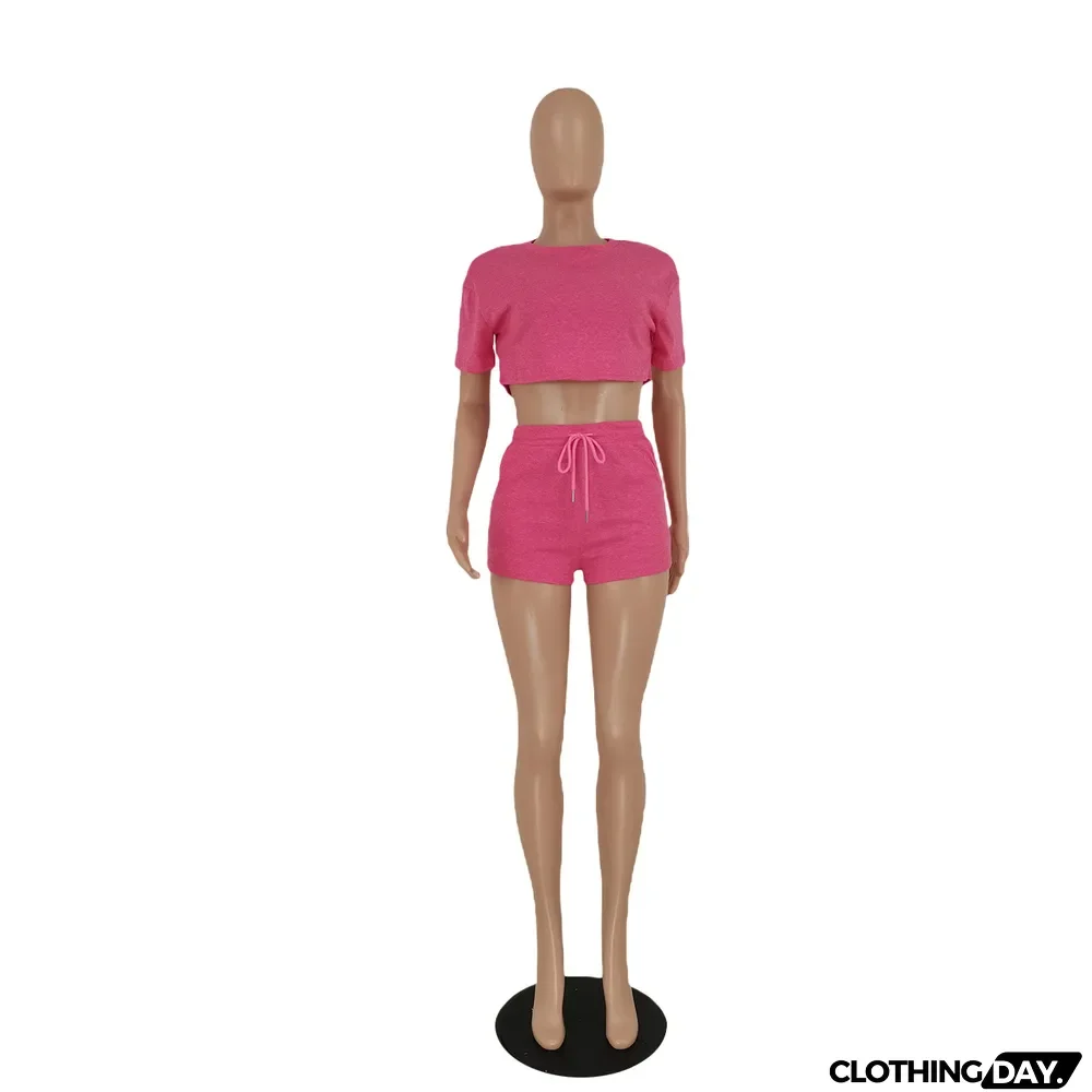 Short Sleeve Solid Crop Tops And Shorts 2 Piece Set