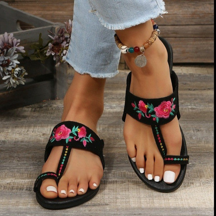 Women's embroidery toe ring slides Black floral T-strap sandals Summer beach slides