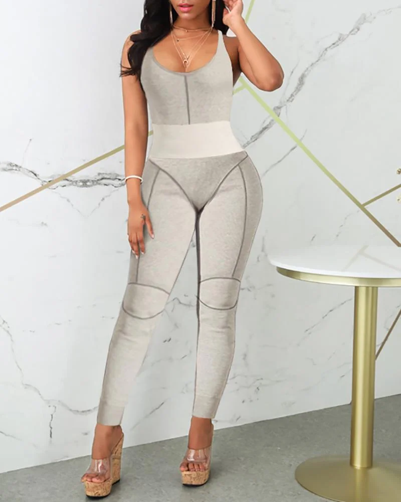 Contrast Piping Colorblock Fitted Jumpsuit