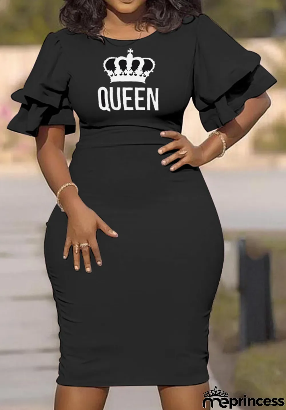 Women Summer Black Casual O-Neck Half Sleeves Letter Print Ruffles Mini Pencil Plus Size Shirt Dress