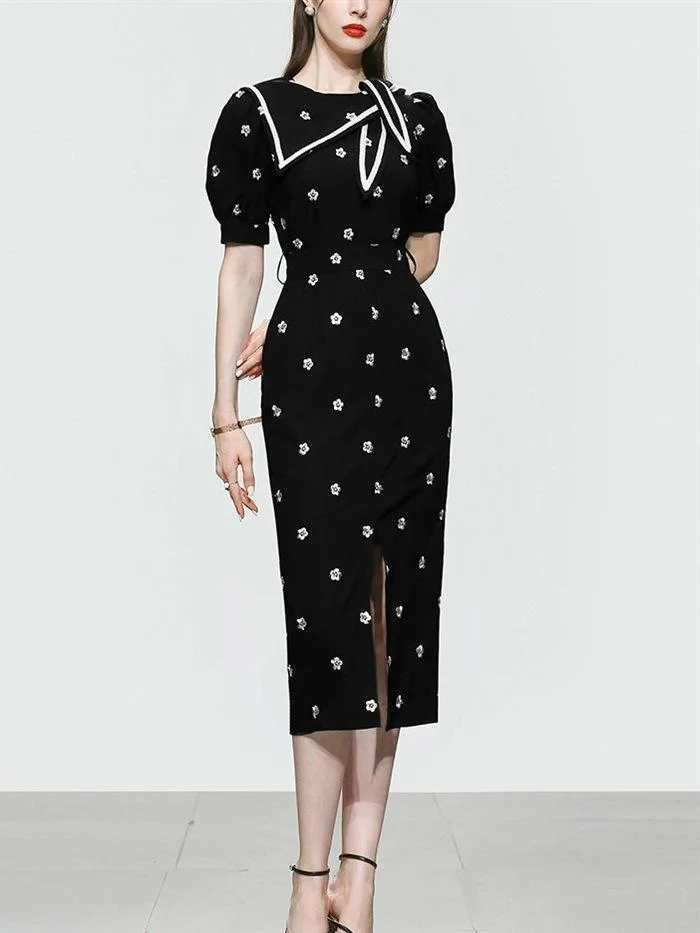 Bow Tie Slit Embroidered Dress