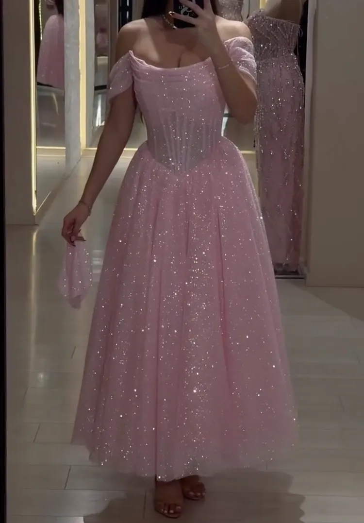 Pink/Blue Glitter Tulle Midi Dress with Off-the-Shoulder Puff Sleeves & Corset Bodice