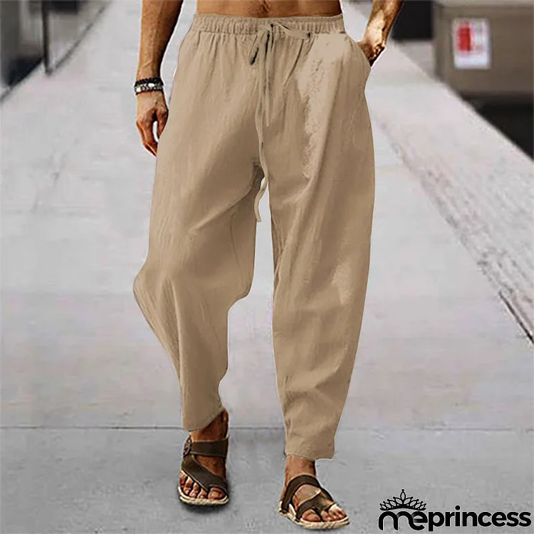 Men Summer Fashion Casual Solid Color Drawstring Waist Plus Size Straight Pants