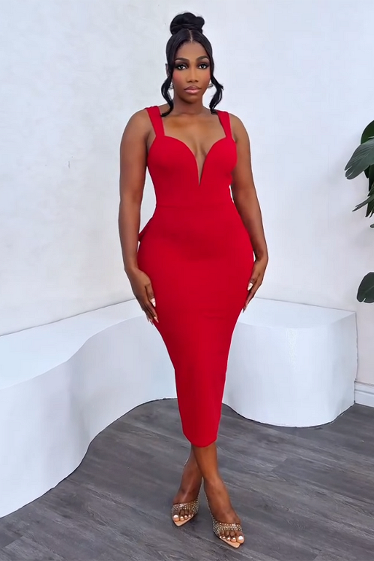 Backless Bow Decor Slim-Fit Valentine's Party Midi Dresses-Red [Pre Order]