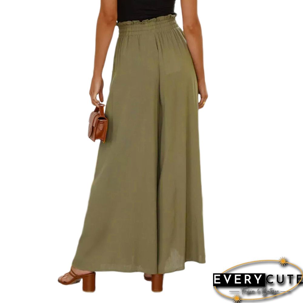 Army Green Elastic Waist High Waist Wide Leg Pants
