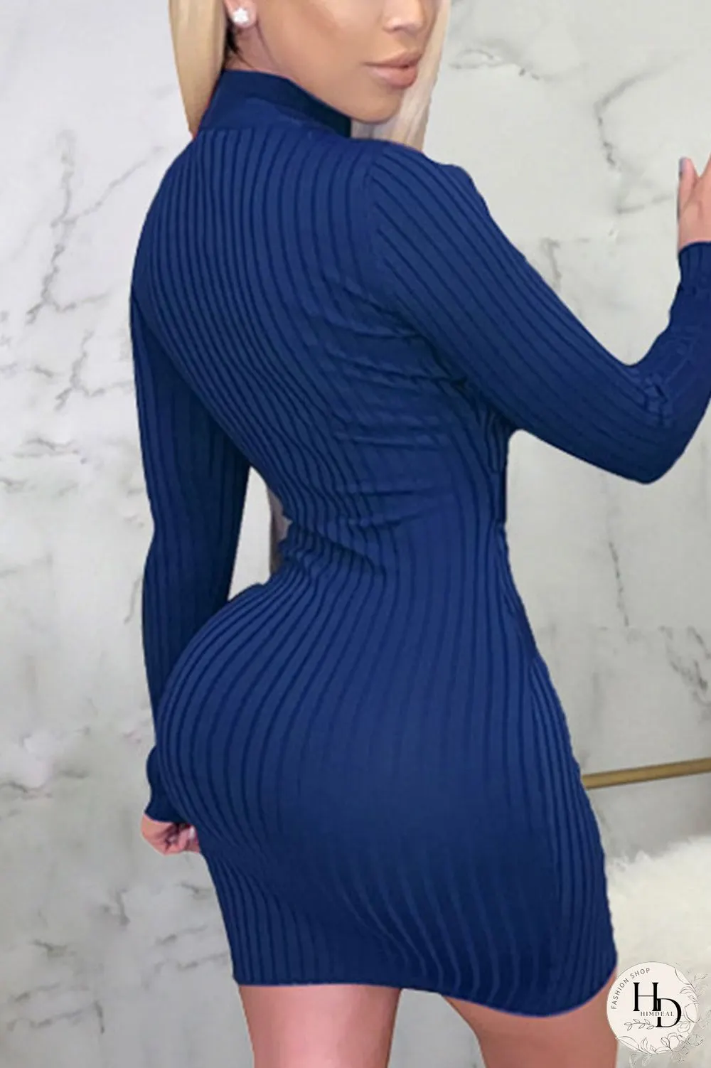 Blue Sexy Solid Split Joint O Neck Pencil Skirt Dresses