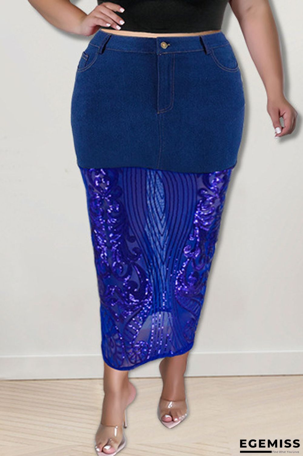 Deep Blue Sexy Solid Embroidered Sequins Patchwork High Waist Denim Skirts | EGEMISS