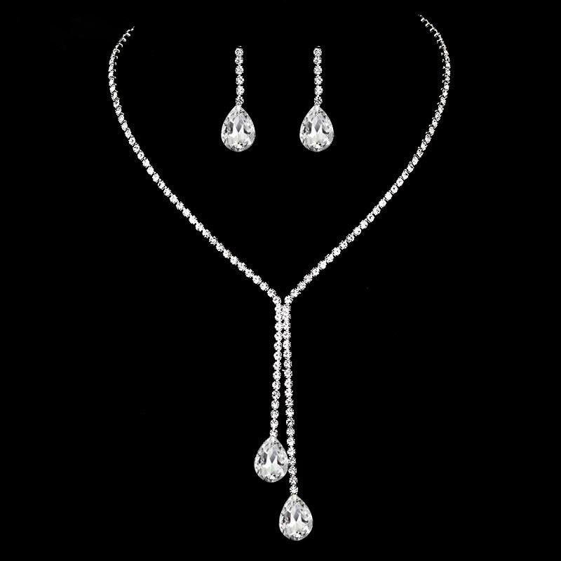 Elegant Silver Rhinestone Water Droplet Shaped Necklace Earrings Two Piece Jewelry Set 2024 - Flycurvy 