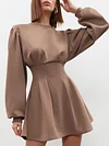 Urban Round-Neck Solid Color Long Sleeve A-Line Mini Dress