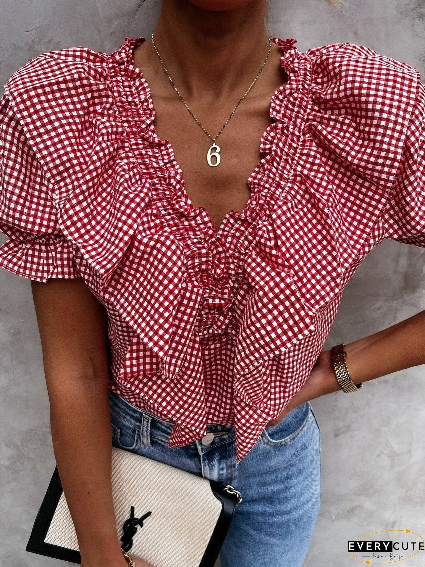 Layered Plaid Short Sleeve V-Neck Lotus Leaf Blouses