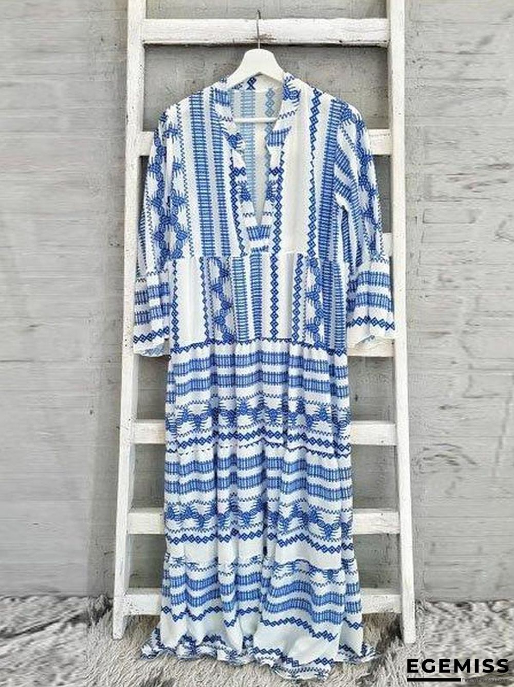 Blue Boho Printed V-Neck 3/4 Sleeve Loose Maxi Dress | EGEMISS