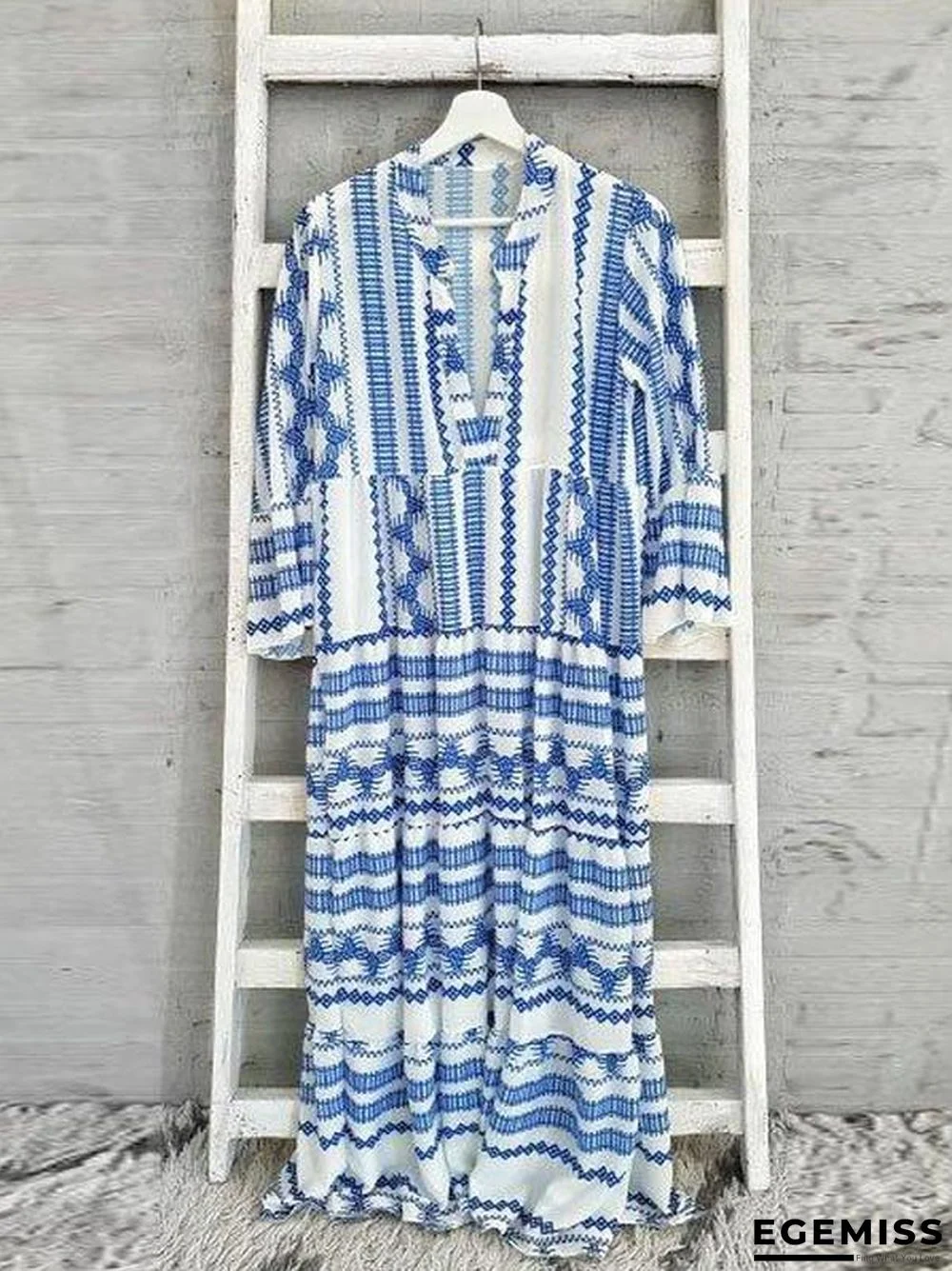 Blue Boho Printed V-Neck 3/4 Sleeve Loose Maxi Dress | EGEMISS