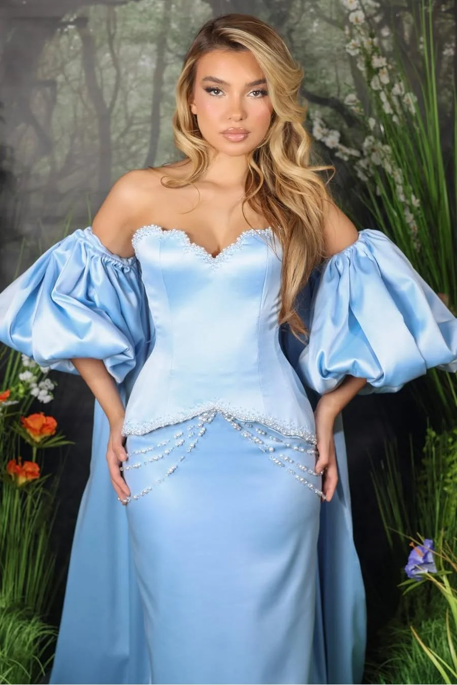 Miabel Elegant Blue Satin Pearl Beaded Sweetheart Sleeveless Prom Dress with Shawl 